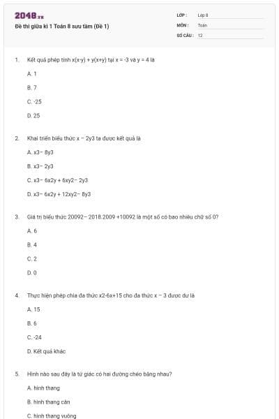 Đề thi giữa kì 1 Toán 8 sưu tầm (Đề 1)