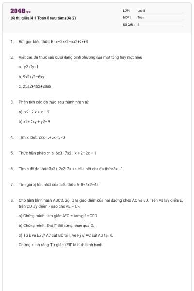 Đề thi giữa kì 1 Toán 8 sưu tầm (Đề 2)