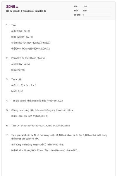 Đề thi giữa kì 1 Toán 8 sưu tầm (Đề 4)