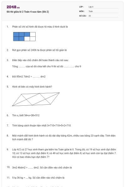 Đề thi giữa kì 2 Toán 4 sưu tầm (Đề 2)