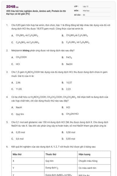 455 Câu hỏi trắc nghiệm Amin, Amino axit, Protein ôn thi Đại học có lời giải (P2)