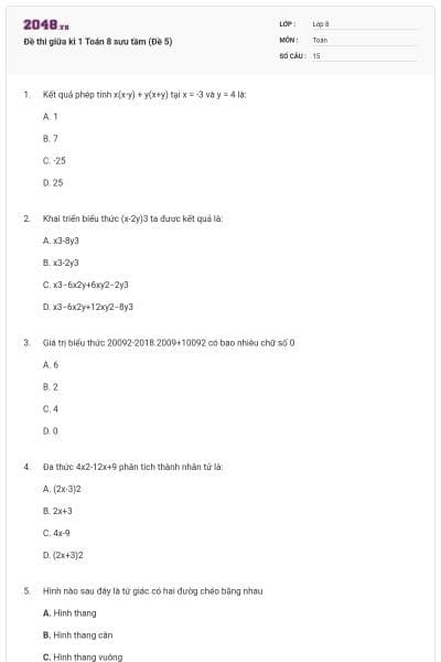 Đề thi giữa kì 1 Toán 8 sưu tầm (Đề 5)