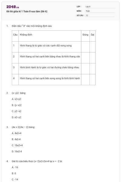 Đề thi giữa kì 1 Toán 8 sưu tầm (Đề 6)