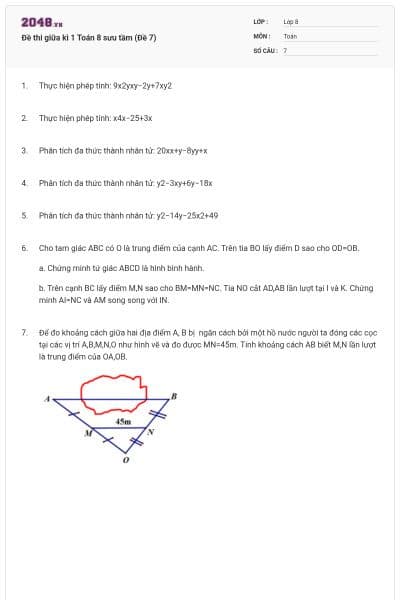 Đề thi giữa kì 1 Toán 8 sưu tầm (Đề 7)