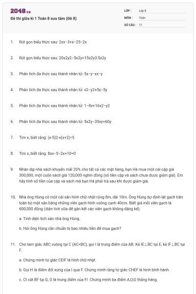 Đề thi giữa kì 1 Toán 8 sưu tầm (Đề 8)