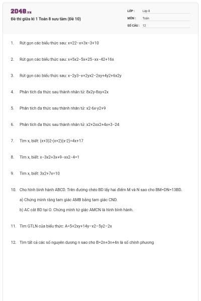 Đề thi giữa kì 1 Toán 8 sưu tầm (Đề 10)