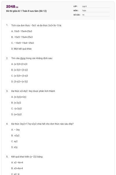 Đề thi giữa kì 1 Toán 8 sưu tầm (Đề 12)