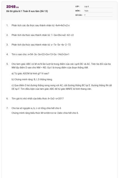 Đề thi giữa kì 1 Toán 8 sưu tầm (Đề 13)