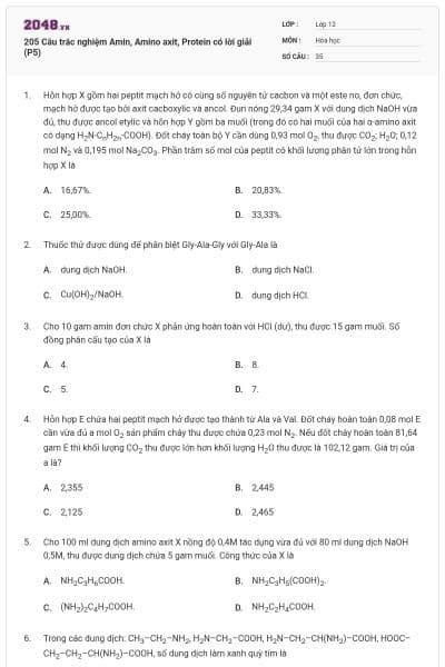 205 Câu trắc nghiệm Amin, Amino axit, Protein có lời giải (P5)