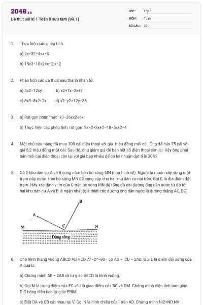 Đề thi cuối kì 1 Toán 8 sưu tầm (Đề 1)