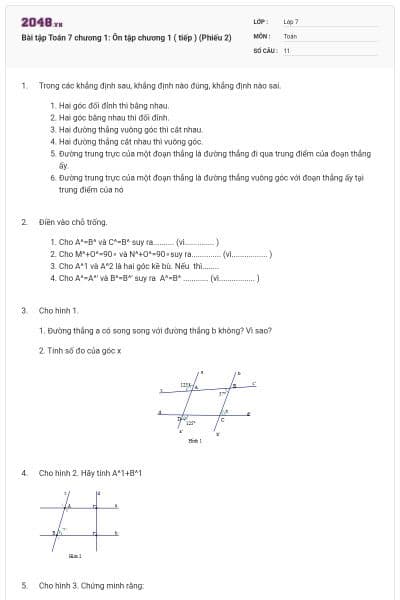 Bài tập Toán 7 chương 1: Ôn tập chương 1 ( tiếp ) (Phiếu 2)