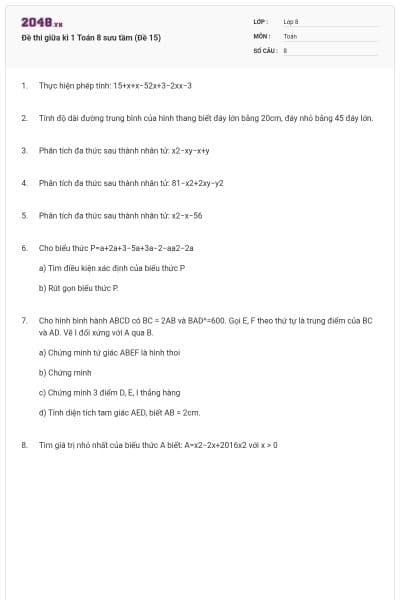 Đề thi giữa kì 1 Toán 8 sưu tầm (Đề 15)