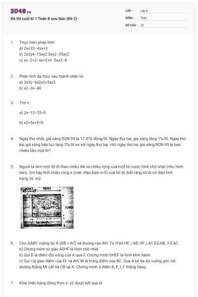 Đề thi cuối kì 1 Toán 8 sưu tầm (Đề 2)