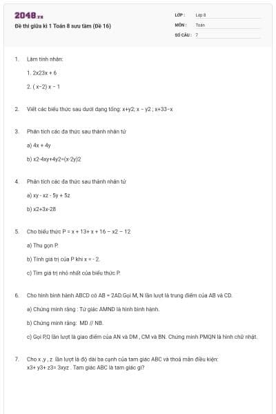 Đề thi giữa kì 1 Toán 8 sưu tầm (Đề 16)