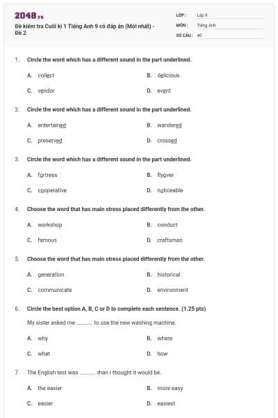Đề kiểm tra Cuối kì 1 Tiếng Anh 9 có đáp án (Mới nhất) - Đề 2