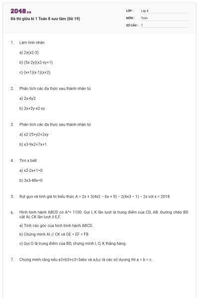 Đề thi giữa kì 1 Toán 8 sưu tầm (Đề 19)