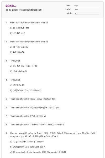 Đề thi giữa kì 1 Toán 8 sưu tầm (Đề 20)