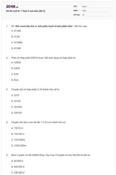 Đề thi cuối kì 1 Toán 5 sưu tầm (Đề 2)