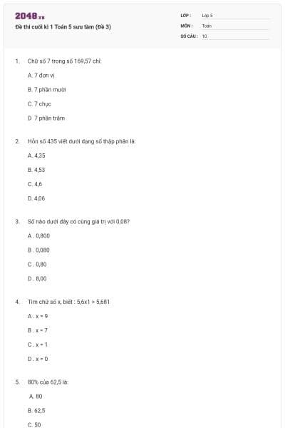 Đề thi cuối kì 1 Toán 5 sưu tầm (Đề 3)