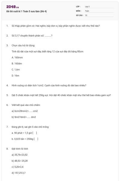 Đề thi cuối kì 1 Toán 5 sưu tầm (Đề 4)