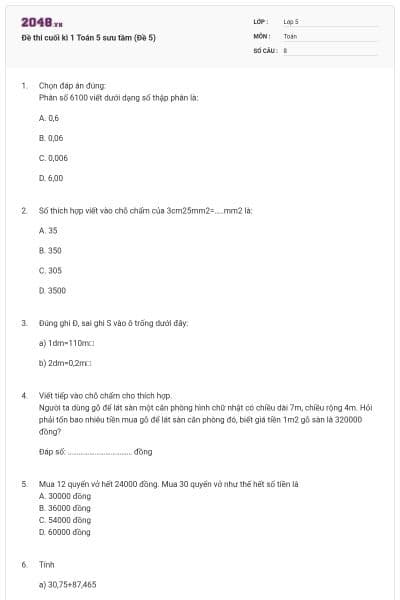 Đề thi cuối kì 1 Toán 5 sưu tầm (Đề 5)