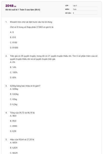 Đề thi cuối kì 1 Toán 5 sưu tầm (Đề 6)