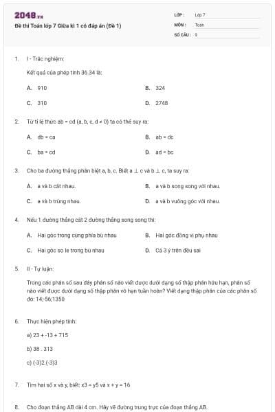 Đề thi Toán lớp 7 Giữa kì 1 có đáp án (Đề 1)