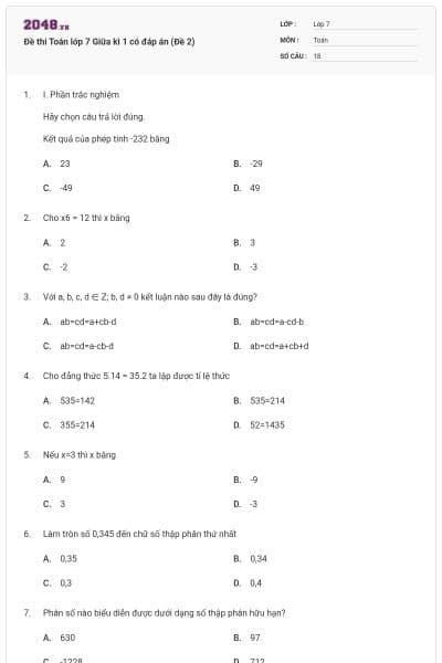 Đề thi Toán lớp 7 Giữa kì 1 có đáp án (Đề 2)