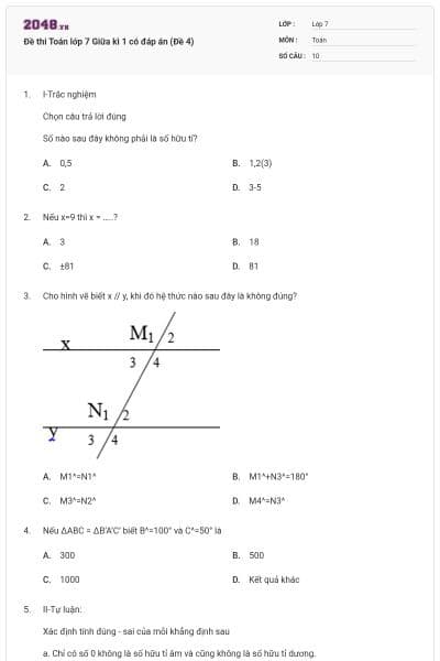 Đề thi Toán lớp 7 Giữa kì 1 có đáp án (Đề 4)