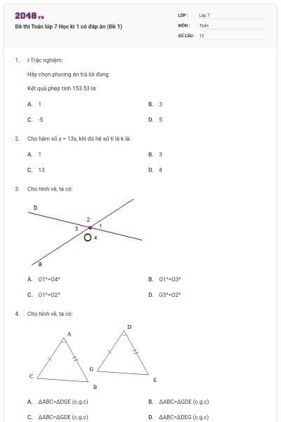 Đề thi Toán lớp 7 Học kì 1 có đáp án (Đề 1)