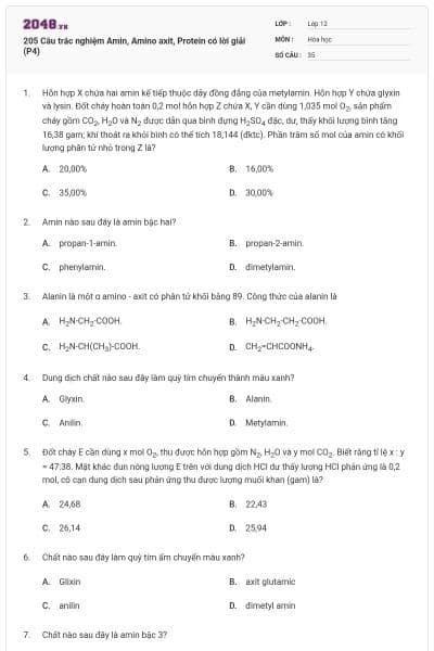 205 Câu trắc nghiệm Amin, Amino axit, Protein có lời giải (P4)