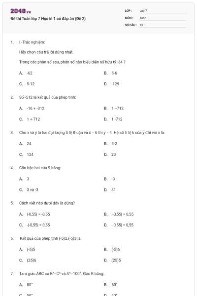 Đề thi Toán lớp 7 Học kì 1 có đáp án (Đề 2)