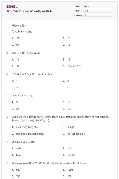 Đề thi Toán lớp 7 Học kì 1 có đáp án (Đề 4)