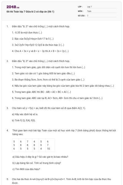 Đề thi Toán lớp 7 Giữa kì 2 có đáp án (Đề 1)