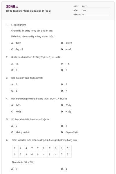 Đề thi Toán lớp 7 Giữa kì 2 có đáp án (Đề 2)