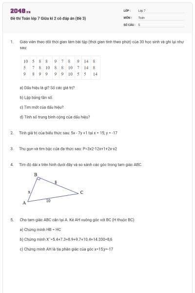 Đề thi Toán lớp 7 Giữa kì 2 có đáp án (Đề 3)