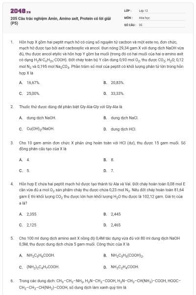 205 Câu trắc nghiệm Amin, Amino axit, Protein có lời giải (P5)