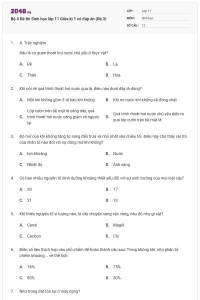 Bộ 4 Đề thi Sinh học lớp 11 Giữa kì 1 có đáp án (Đề 3)