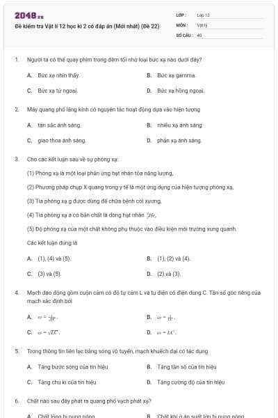 Đề kiểm tra Vật lí 12 học kì 2 có đáp án (Mới nhất) (Đề 22)