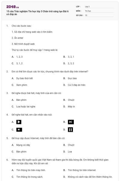15 câu Trắc nghiệm Tin học lớp 3 Chân trời sáng tạo Bài 6 có đáp án