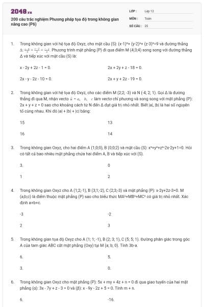 200 câu trắc nghiệm Phương pháp tọa độ trong không gian nâng cao (P6)