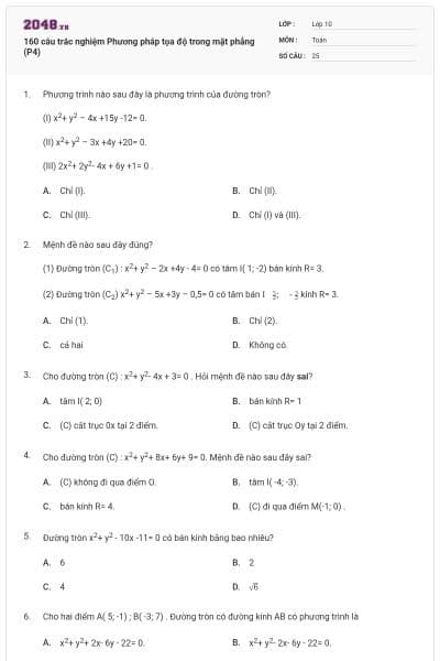 160 câu trắc nghiệm Phương pháp tọa độ trong mặt phẳng (P4)