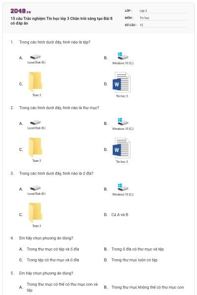 15 câu Trắc nghiệm Tin học lớp 3 Chân trời sáng tạo Bài 8 có đáp án
