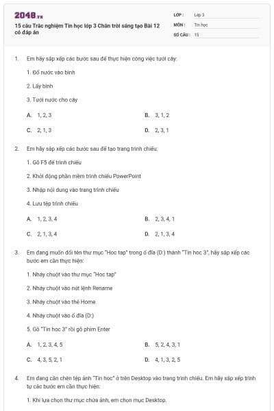 15 câu Trắc nghiệm Tin học lớp 3 Chân trời sáng tạo Bài 12 có đáp án