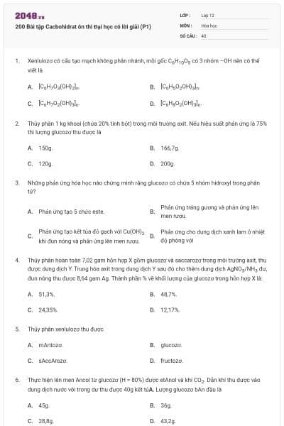 200 Bài tập Cacbohidrat ôn thi Đại học có lời giải (P1)