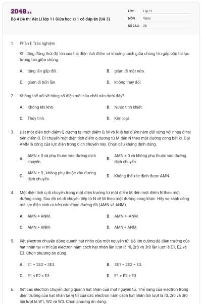Bộ 4 Đề thi Vật Lí lớp 11 Giữa học kì 1 có đáp án (Đề 3)