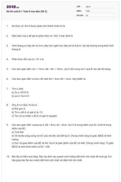 Đề thi cuối kì 1 Toán 8 sưu tầm (Đề 3)