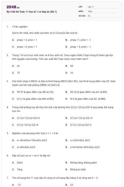 Bộ 4 Đề thi Toán 11 Học kì 1 có đáp án (Đề 1)