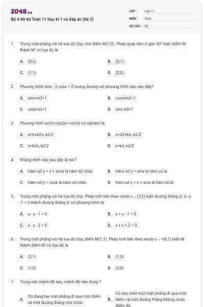 Bộ 4 Đề thi Toán 11 Học kì 1 có đáp án (Đề 2)