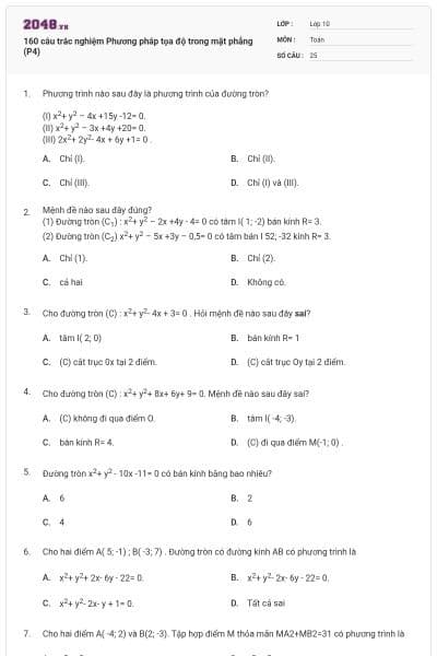 160 câu trắc nghiệm Phương pháp tọa độ trong mặt phẳng (P4)